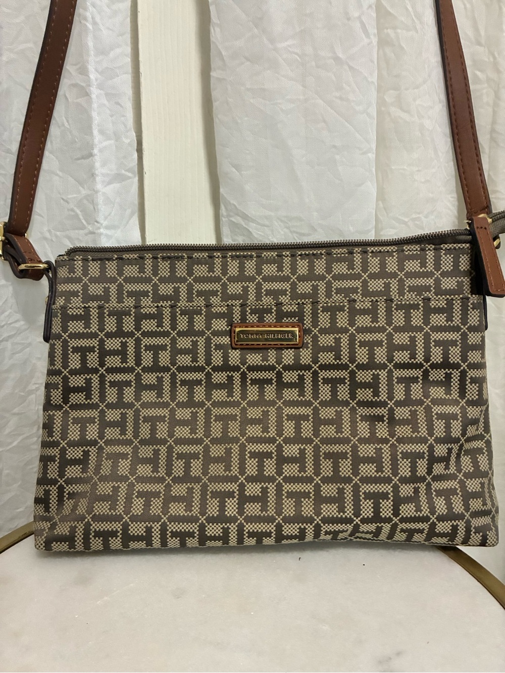 Tommy Hilfiger Brown and Tan Monogram Crossbody Bag